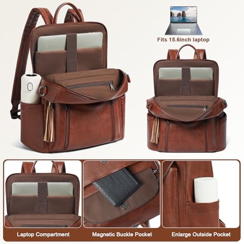 Laptop Backpack for Women 15.6 inch,Travel Leather Backpack Purse Nurse Teacher Carry on Backpack Computer Bag,Professional Water-Resistant College Business Work Casual Daypack,Chocolate Brown - color: Brown01