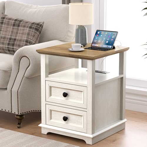 End Table with Fast Charging Station, Side Table with 2 Drawers | Large Storage Rustic Wood Square Storage Cabinet for Living Room,Bedroom,Office - color: Rustic White, size: 1 Piece