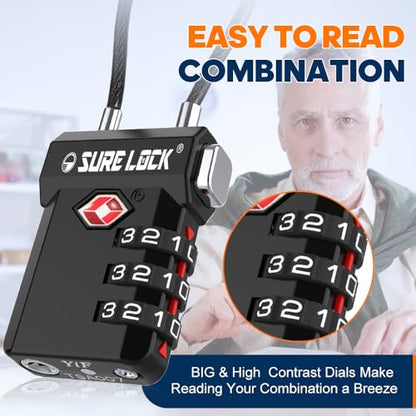 SURE LOCK TSA Approved Luggage Locks with Open Alert Indicator, 3 Digit Combination Cable Travel Lock for Suitcase, Backpack, Gym Locker, Toolbox, Carry On & Travel Bag - color: BLACK 4 PACK