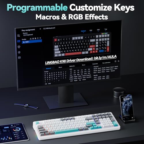LINGBAO K98 96% Mechanical Creamy Wireless Gaming Keyboard With Number Pad | BT5.0/2.4G/USB-C, Gasket Custom Hot-Swappable Keyboard, 10000mAh Battery, RGB Backlit, Creamy Sound for Windows Mac PC Gamers - color: K98 | 10000mAh | White Blue Grey