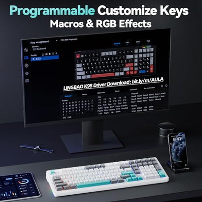 LINGBAO K98 96% Mechanical Creamy Wireless Gaming Keyboard With Number Pad | BT5.0/2.4G/USB-C, Gasket Custom Hot-Swappable Keyboard, 10000mAh Battery, RGB Backlit, Creamy Sound for Windows Mac PC Gamers - color: K98 | 10000mAh | White Blue Grey