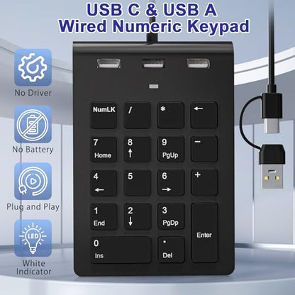 USB C Wired Number Pad, USB Numeric Keypad with 3 USB 2.0 Ports, 18 Key Number Pad Portable Slim Mini Keyboard for Laptop/Desktop/ Surface/ iPad, USB Number Keypad for Windows/MacOS/Chrome OS, Black
