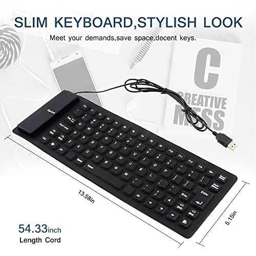 Foldable Silicone Keyboard, USB Waterproof Travel Gaming Wired Rollup Keyboard - Full Size, Compatible with Windows, PC, Laptop, Mac Notebook (Black)