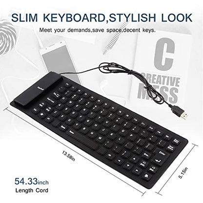Foldable Silicone Keyboard, USB Waterproof Travel Gaming Wired Rollup Keyboard - Full Size, Compatible with Windows, PC, Laptop, Mac Notebook (Black)
