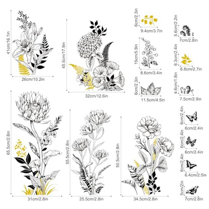 Black Yellow Flower Wall Decals, 3 Sheets Sketch Garden Floral Wall Stickers Simple Line Wildflower Grass Butterflies Art Decor Bedroom Bathroom Hallway Sofa Gifts for Mom(11.8x35.4 in/Sheet) - style: Black Yellow Flower Set