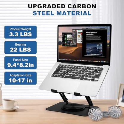 Laptop Cooling Stand with 2 Detachable Fans, 360° Rotating Adjustable Laptop Stand, Carbon Steel Ergonomic Laptop Riser, Anti-Slip Base for 10-17.3" Notebook MacBook, Office Home Gaming - color: Black