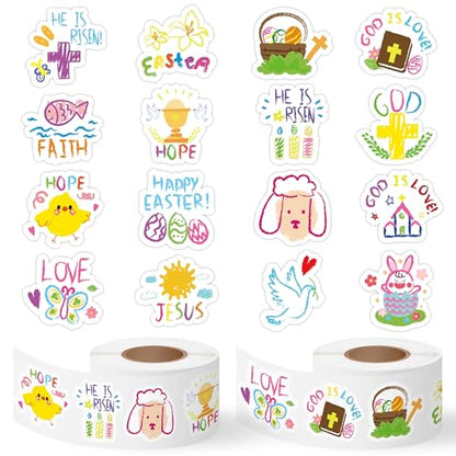 Haooryx Easter Graffiti Sticker Rolls - 1000Pcs Religious Drawn He is Risen Sticker Self Adhesive Vinyl Waterproof Water Bottle Laptop Easter Basket Stuffers Egg Filler Birthday Party Favor Supplies - style: Easter Religious Graffiti