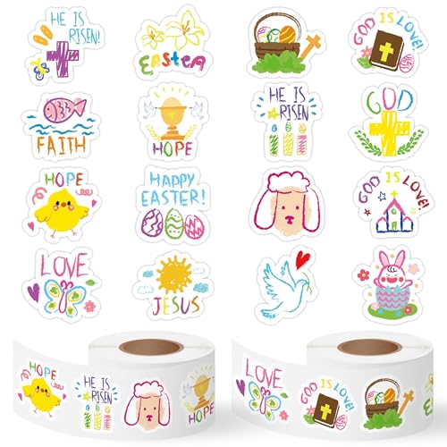 Haooryx Easter Graffiti Sticker Rolls - 1000Pcs Religious Drawn He is Risen Sticker Self Adhesive Vinyl Waterproof Water Bottle Laptop Easter Basket Stuffers Egg Filler Birthday Party Favor Supplies - style: Easter Religious Graffiti