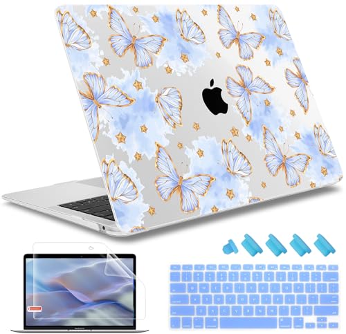 May Chen Compatible with MacBook Air 13 inch Case (Models A1369 & A1466, Older Version 2010-2017 Release), Plastic Hard Shell Case with Keyboard Cover & Screen Protector, Blue Butterfly