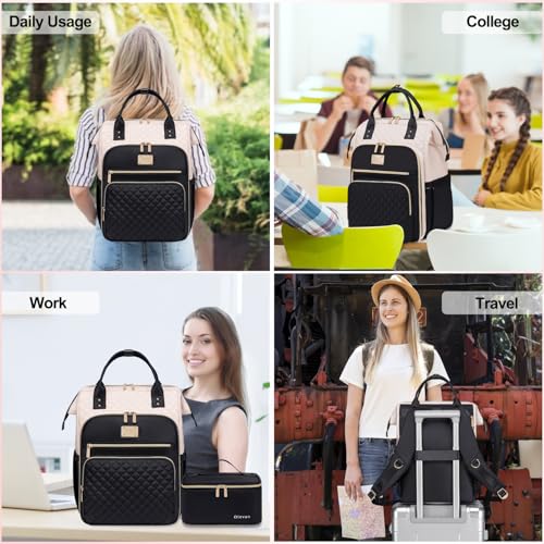 Otevan 15.6 Inch Laptop Backpack for Women, Work Backpack with Lunchbox, Insulated Backpack Cooler, Teacher Nurse Travel Backpack for Women, Beige/Black, 24009 - color: Beige/Black