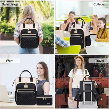 Otevan 15.6 Inch Laptop Backpack for Women, Work Backpack with Lunchbox, Insulated Backpack Cooler, Teacher Nurse Travel Backpack for Women, Beige/Black, 24009 - color: Beige/Black