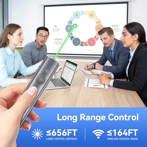 Rechargeable Presentation Clicker with Green Laser Pointer for PowerPoint, Power Display Wireless Presenter Remote with USB-A & USB-C Dongle, Slide Advancer for Mac, Windows, Laptop, Classroom, Office - style: Green Laser & Power Display