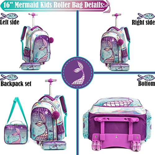School Kids Rolling Backpack for Girls 3PCS With Trolley Wheeled Backpacks - color: Purple-220308-l