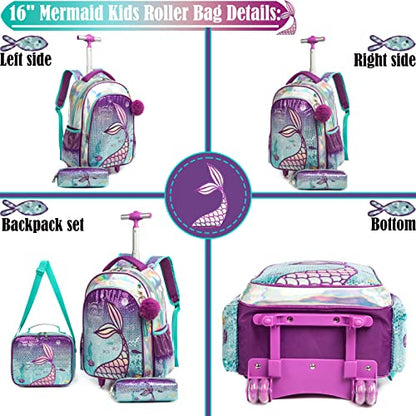 School Kids Rolling Backpack for Girls 3PCS With Trolley Wheeled Backpacks - color: Purple-220308-l