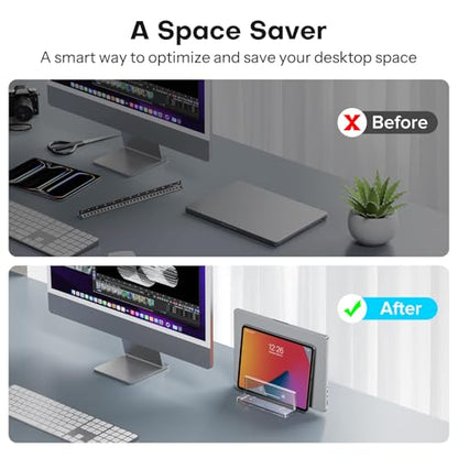 OMOTON Vertical Laptop Stand, Clear Acrylic Dual Holder for MacBook Gaming | Adjustable Width 0.43-1.38", Clear Acrylic Dual Slot Stand for Desk, Compatible with MacBook Pro/Air HP Gaming up to 17" - size: Dual-Clear