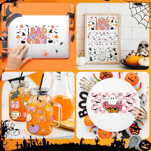 Rngmsi Halloween UV DTF Stickers - 18 Sheets Cute Ghost UV DTF Cup Wraps for 16 oz Glass, Pumpkin Bow Bat Rub on Transfer Stickers, Waterproof Uvdtf Decals for Water Bottle, DIY Halloween Crafts - style: Halloween