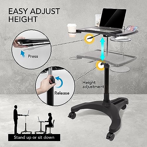 EHO Mobile Laptop Standing Desk Carts on Wheels with Stationery Storage, Pneumatic, Height Adjustable Rolling Stand, Sit to Stand Computer Cart, Workstation for Home, Office, Medical and School - style: Pro Desk