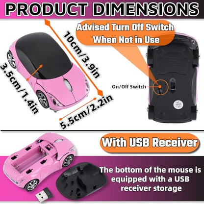 HuGuWdy Pink Wireless Car Mouse - 2.4G Wireless with USB Receiver, Optical Mouse for PC, Laptop, Tablet - Win XP/Vista/7/ME/2000/Mac OS Pink Mouse for Her for Christmas - color: Pink