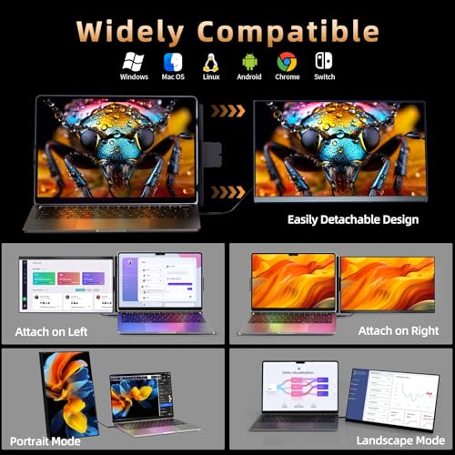Laptop Screen Extender 15.6" 120% sRGB - FHD 1080P IPS Dual Laptop Monitor Extender with Detachable Screen, Second Monitor for 13"-17.3" Laptops, Plug-Play for Windows Mac Android Chrome - size: 15.5"