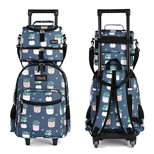 Tilami Rolling Backpack 18 inch Double Handle with Lunch Bag Wheeled Kids Backpack for Girls and Boys, Plants Blue - color: Plants Blue