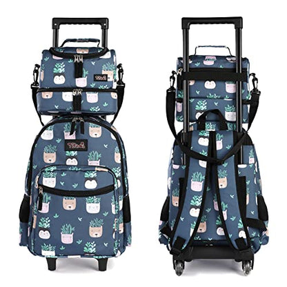 Tilami Rolling Backpack 18 inch Double Handle with Lunch Bag Wheeled Kids Backpack for Girls and Boys, Plants Blue - color: Plants Blue