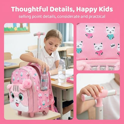 Kids Fluffy Cat Rolling Backpack for Girls, Pink School Bags | Trolley Suitcases Luggage Travel with Wheels Bookbag Wheeled 3PCS Roller Backpacks Set Toddler Back Pack Elementary - color: Pink-0121-maorong-mao