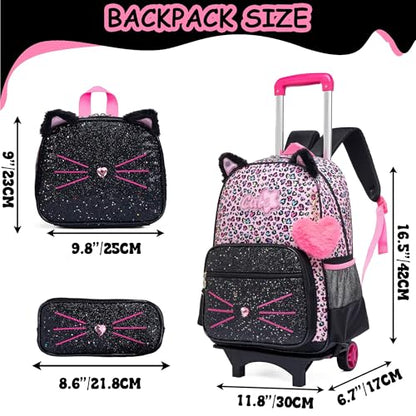 Rolling Backpack for Girls,Lightweight Backpack with Wheels for Kids 8-12,Wheeled School Backpack with Removable Trolley - color: Black Pink Cat