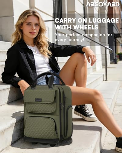 Arcoyard Underseat Carry On Luggage with Wheels, Airline Approved Personal Item Luggage, 16-Inch Multi-functional Underseat Luggage, Lightweight Overnight Suitcase for Women, Bussiness, Travel, Green - color: Green