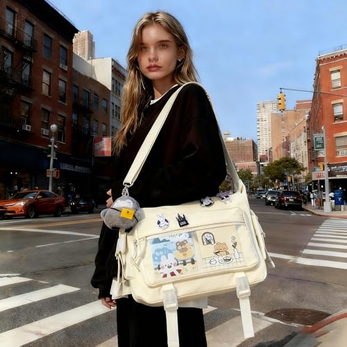 Kawaii Crossbody Ita Bag for Women with Pin and Plush Penguin, Cute Messenger Bag Japanese Crossbody Bag Y2K Purse - color: Beige, size: Medium-Compact