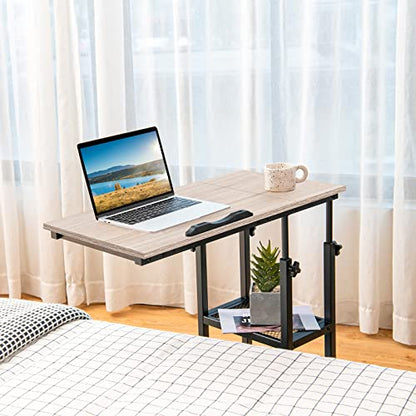 Tangkula Height Adjustable C Shaped End Table with Lockable Wheels, Mobile Couch Desk Table with Tiltable Table Top, Sofa Bedside Laptop Stand TV Tray with Storage Shelves, Snack Side Table - color: Natural