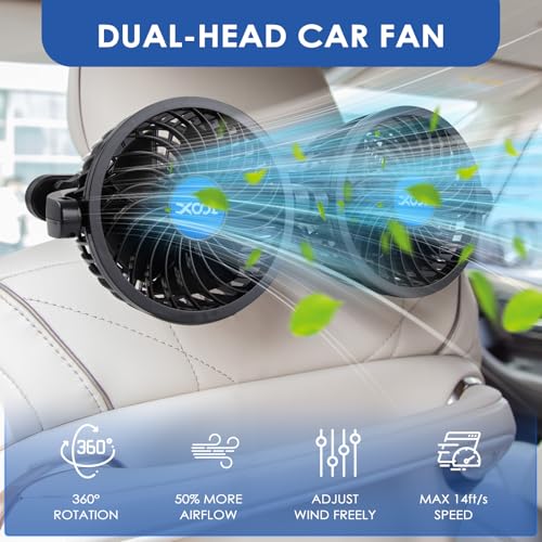 XOOL USB Dual Head Backseat Car Fan – 360° Rotatable Rear Seat Air Circulator with Stepless Speed & Adjustable Clip for Kids in SUV, Truck, RV - size: USB Dual Fan - Rear (Stepless)