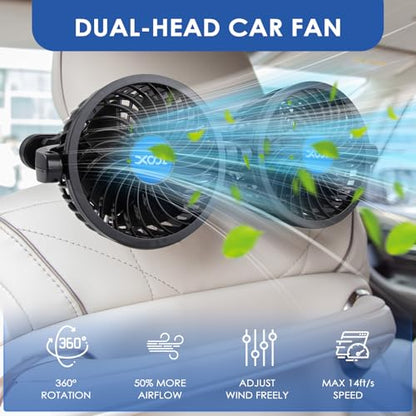 XOOL USB Dual Head Backseat Car Fan – 360° Rotatable Rear Seat Air Circulator with Stepless Speed & Adjustable Clip for Kids in SUV, Truck, RV - size: USB Dual Fan - Rear (Stepless)