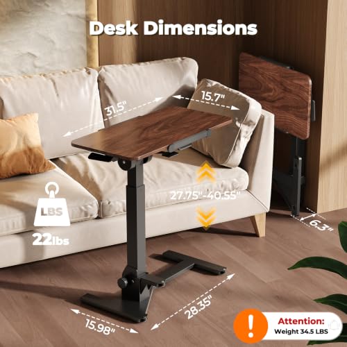 JOY worker Foldable Portable Laptop Desk, 180° Tilt Overbed Bedside Table | Height Adjustable, 31.5" Rustic Brown MDF Board, Collapsible Top & Base for Storage, Mobile Standing Desk for Home Hospital - color: Dark Walnut, size: Height 27.75"-40.55"