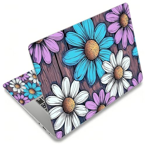 Laptop Skin Sticker for 12.1”-15.6“ Laptops (Fits 13”, 13.3”, 14”, 15”, 15.4”) | Protective Universal Reusable Vinyl Art Decal Cover | Waterproof & Scratch-Resistant-Purple Blue White Daisy on Wood - color: Purple Blue White Daisy on Wood