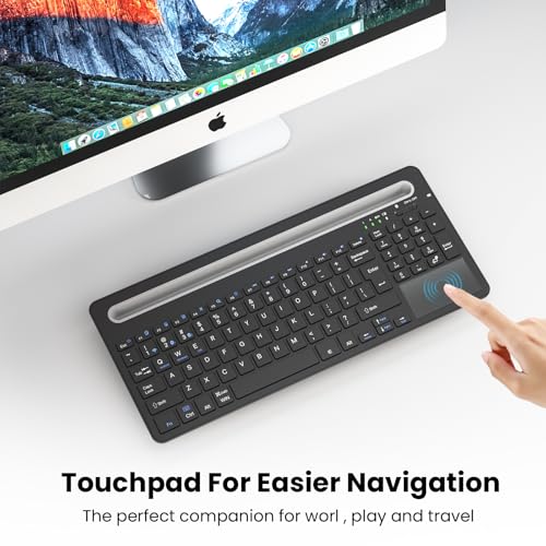 Silent Keyboard with Touchpad, Wireless Bluetooth Multi-Device | 3-in-1 Bluetooth 2.4G USB Wired, Rechargeable with Silicone Stand for PC Mac iPad Phone, Black