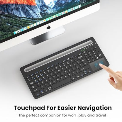 Silent Keyboard with Touchpad, Wireless Bluetooth Multi-Device | 3-in-1 Bluetooth 2.4G USB Wired, Rechargeable with Silicone Stand for PC Mac iPad Phone, Black