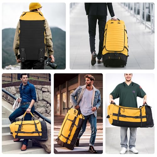Rolling Duffle Bag with Wheels,86L 30”Carry on Luggage with Wheels,Folding Travel Bag,Duffle Backpack with Separate Shoe Compartment (Yellow) - color: Yellow