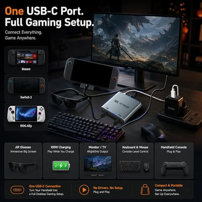 Guermok 4-in-1 Dual USB-C Display Hub, 4K@60Hz Video Output, PD 100W Input & USB 3.0 5Gbps, Compatible with AR Glasses, Switch 2, Laptops, Portable Monitors & Type-C Displays（Silver）