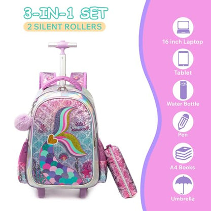 Kids Rolling Mermaids Backpack for Girls Sequins Trolley Suitcases Luggage Travel with Wheels Bookbag Wheeled 17" Roller Backpacks Toddler Back Pack School Bags for Elementary Golden Heart - color: 5416-meirenyu-golden