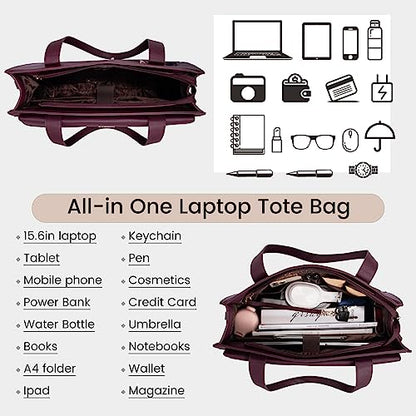 LOVEVOOK Laptop Tote for Women - 15.6 Inch Professional Leather Computer Briefcase, Waterproof Shoulder Bag, Large Capacity Business Teacher Office Bag, Crossbody Purse - Fuchsia - color: 135# Fuchsia, size: 15.6 Inch