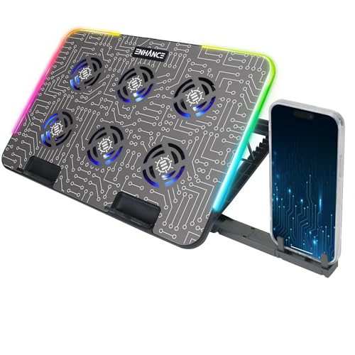 ENHANCE Gaming Voltaic 2 Laptop Cooling Stand - Laptop Cooling Pad with 6 Blue LED Fans, 7 Height Settings, RGB Lighting - Metal Top Cooler Pad with Phone Stand, 2 USB Ports for up to 17 inches