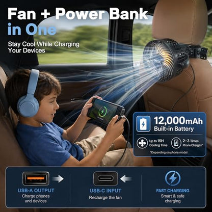 XOOL 12000mAh Rechargeable Clip Car Fan, 6-Inch Battery Operated Car Fan with 3 Speeds & 3 Brightness LED Light, Portable Cooling Fan with Sturdy Clamp for SUV, RV, Golf Cart, Camping - size: Rechargeable Clip Fan - Power Bank