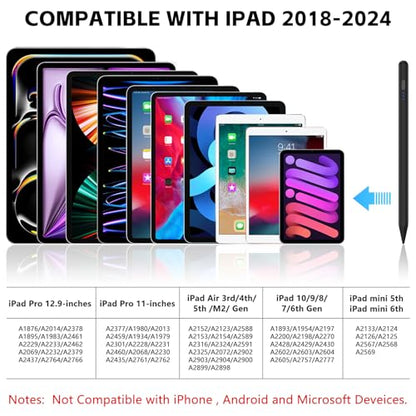 TaIYanG iPad Stylus Pen for iPad 2018-2026, Palm Rejection, Fast Charging | Tilt Sensitivity, for iPad Pencil A16 /10/9/8/7/6, Pro 11/13" (M5/M4),Air M4/M3/M2/5th/4th, Pro 11/12.9", Mini 6/5, Black - color: Black