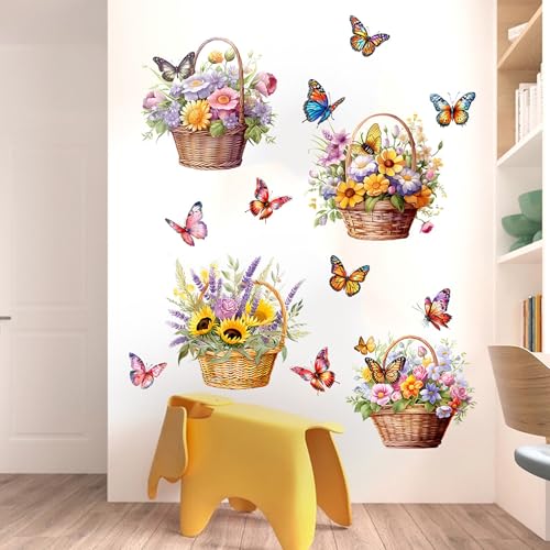 Flower Basket Butterfly Wall Stickers Bedroom Bathroom Restroom Cistern Nursery Decor DIY Removable Bouquet Toilet Seat Lid Decals 4 Pcs (Yellow) - color: Yellow