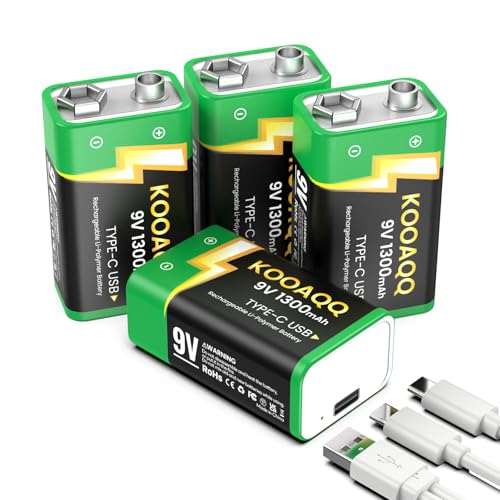 4-Pack Rechargeable 9v Batteries, USB-C Recharge 1300mAh 9 Volt Lithium-ion Long Lasting Power for SmokAlarms, Microphones, Multimeters, Walkie-Talkie, Metal Detector, Toys, with 2 in 1 Charging Cable - size: 4-Pack