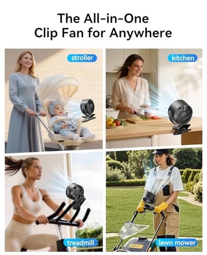 KIMMOO Portable Clip on Fan, 100-Speed Rechargeable USB Fan with LED Display, 360° Rotation & Strong Airflow Desk Fan, Up to 17 Hours Small Battery Fan for Outdoor Travel Camping Treadmill Car (Black) - color: Black