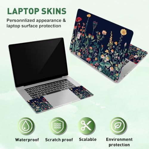 PLIGREAT 3 Pcs Laptop Skin Stickers Vinyl Decals for PC Notebook Keyboard Cover Laptops Case Protector Films Decorative Laptops Sticker Waterproof Removable Green Plants Flowers Laptop Decals