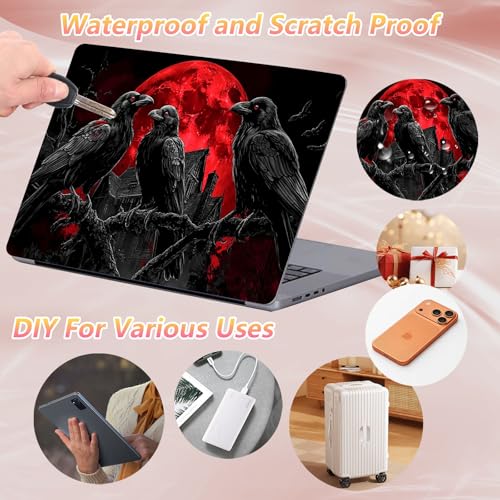 Laptop Skin Sticker Decal 12" 13" 13.3" 14" 15" 15.6",Waterproof Scratch Resistant Vinyl,Reusable Easy to Apply,for MacBook HP Dell Notebooks Netbooks Laptop,2 Wrist Pads,Black Crow Moon - color: Black Crow Moon