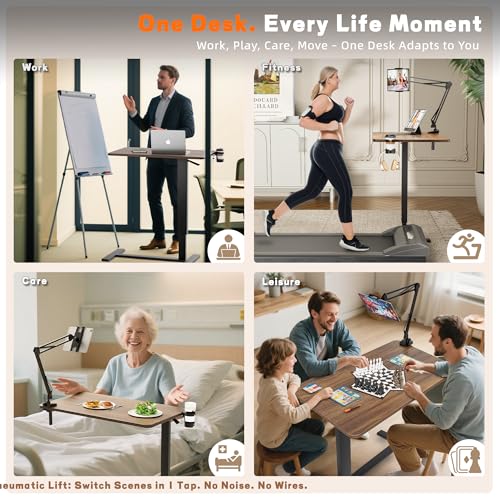 Overbed Table with Wheels, Adjustable Medical Bedside Table, Wood | Alloy steel frame, rubber wood top, cup holder & phone stand, hook, H-base, hydraulic 25.6-37.1", quiet casters, easy-clean - color: Wood Color