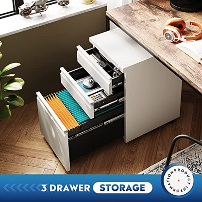 DEVAISE 3 Drawer Mobile File Cabinet with Lock, Under Desk Metal Filing Cabinet for Home Office/Legal/Letter/A4 File, Fully Assembled Except Wheels, White - color: White, size: 17"D x 15"W x 24"H
